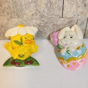 Vintage 1983 World Trend Easter Pins Set Chick with Daisy Bunny in Egg Resin 80s